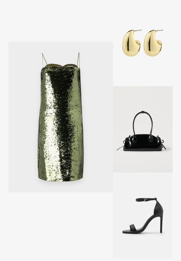 Grünes Paillettenkleid mit geradem Schnitt, dünnen verstellbaren Trägern, einem reflektierenden Material und einer schlanken Silhouette.; Schwarze hochhackige Sandale mit elegantem Design, featuring einem Knöchelriemen, offener Zehenpartie und glattem Lederfinish.; Kleine schwarze glänzende Handtasche mit zwei langen Griffen und seitlichen Kordelzug-Details vor einfachem hellem Hintergrund.; Goldfarbene Steckerohrringe mit einer glatten, glänzenden Oberfläche, die eine abstrahierte, tropfenförmige Form aufweisen. Einfache Metallstiftbefestigung.