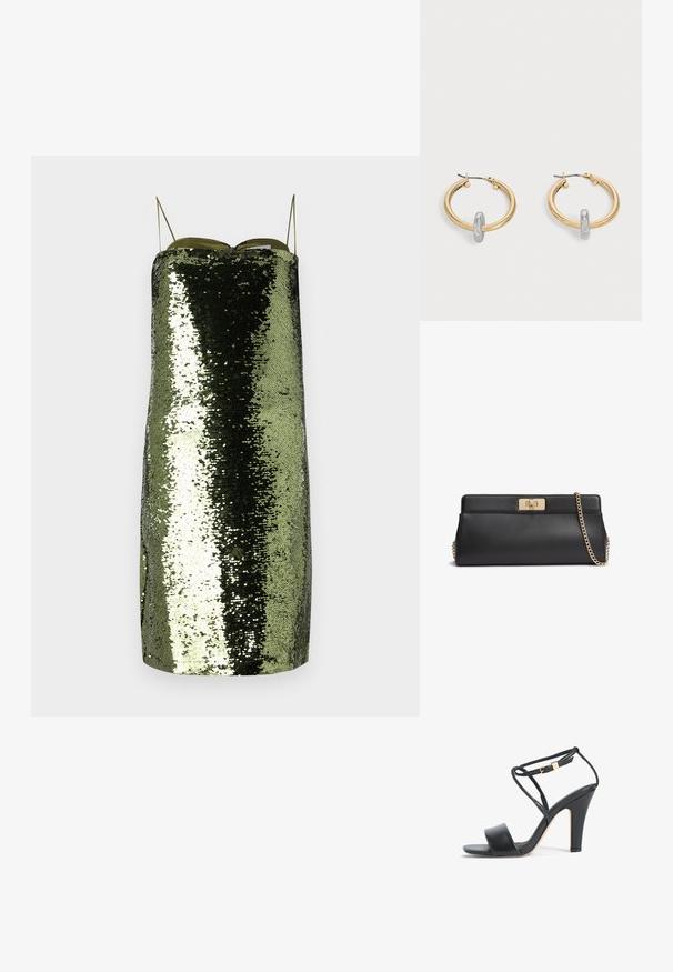 Grünes Paillettenkleid mit geradem Schnitt, dünnen verstellbaren Trägern, einem reflektierenden Material und einer schlanken Silhouette.; Schwarze Sandale mit hohem Absatz, dünnem Knöchelriemen, goldener Schnalle, offenem Zehenbereich und Blockabsatz, seitlich auf weißem Hintergrund dargestellt.; Schwarze Clutch aus Leder mit goldfarbenem Metall-Drehverschluss und passendem goldfarbenem Ketten-Schulterriemen.; Paar goldfarbene Creolen mit kleinem silberfarbenem Schlaufen-Detail an jeder, vor hellem grauem Hintergrund präsentiert.