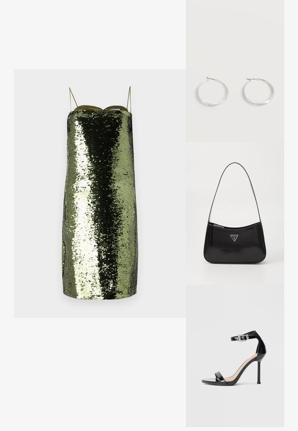 Grünes Paillettenkleid mit geradem Schnitt, dünnen verstellbaren Trägern, einem reflektierenden Material und einer schlanken Silhouette.; Schwarzer Riemchensandale aus Lackleder mit hohem Absatz und Knöchelriemen. Verfügt über ein minimalistisches Design, offene Zehenpartie und eine Schnalle mit Strassakzenten.; Schwarze patentierte Leder-Schultertasche mit geschwungener Form, ausgestattet mit einem silbernen Dreieckslogo und einem Reißverschluss. Glatte Textur und schmaler Riemen.; Silberne Metallcreolen mit glatter, leicht gebogener Oberfläche und Klappverschluss vor schlicht weißem Hintergrund.