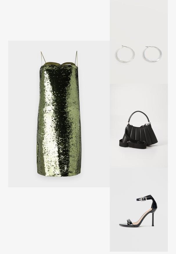 Grünes Paillettenkleid mit geradem Schnitt, dünnen verstellbaren Trägern, einem reflektierenden Material und einer schlanken Silhouette.; Schwarzer Riemchensandale aus Lackleder mit hohem Absatz und Knöchelriemen. Verfügt über ein minimalistisches Design, offene Zehenpartie und eine Schnalle mit Strassakzenten.; Schwarze, gefaltete Handtasche mit einem runden Griff, verstellbarem Schulterriemen und glänzender Textur. Verfügt über silberne Hardware und eine strukturierte Silhouette.; Silberne Metallcreolen mit glatter, leicht gebogener Oberfläche und Klappverschluss vor schlicht weißem Hintergrund.