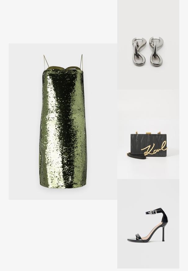 Groene sequin jurk met een rechte snit, dunne verstelbare bandjes, gekenmerkt door een reflecterende textuur en een slanke silhouet.; Zwarte sandalen met hoge hak van lakleer en een enkelriempje. Heeft een minimalistisch ontwerp, open teen en een gesp met strass-steentjes.; KARL LAGERFELD SOIREE - Clutch - black; Set zilverkleurige metalen oorbellen met een abstract ontwerp van in elkaar grijpende lussen op een witte achtergrond.
