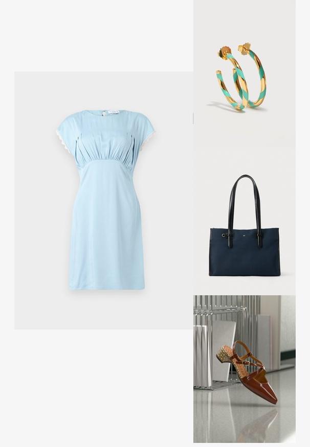 Hofmann Copenhagen CALLISTA - Freizeitkleid - lavender blue; Glänzender brauner Slingback-Schuh aus Lackleder mit spitzer Zehe, gekreuzten Riemen und einem gemusterten Blockabsatz mit geometrischen Akzenten.; Rechteckige marineblaue Tragetasche mit schwarzen Ledergriffen und -besatz, kleinem goldfarbenem "W"-Emblem und goldfarbenem Ringdetail in der Nähe der oberen linken Ecke.; Goldfarbene Creolen mit türkis gestreiftem Drehmuster, gesichert durch gewellte Schmetterlingsverschlüsse, vor einem schlichten hellen Hintergrund gezeigt.