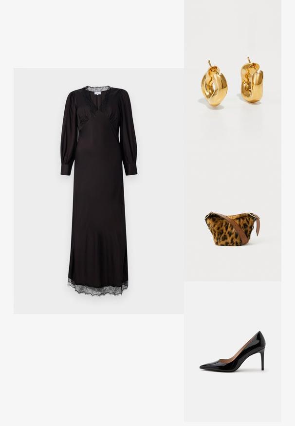 Schwarzes langärmliges Kleid aus glattem Stoff mit einem mit Spitze besetzten Ausschnitt und Saum, in einer dezenten A-Linie und mit seitlichen Schlitzen.; Schwarzer Lackleder-Pumps mit hohem Absatz, spitzer Schuhspitze und Stilettabsatz, seitlich auf einem schlichten weißen Hintergrund dargestellt.; Tasche aus Leopardenmuster-Kunstfell mit einem braunen Ledertragegriff, aufgerundetem Design und goldenen Hardware-Akzenten.; Fette goldene Creolen mit einem leicht verdrehten, röhrenförmigen Design und Steckverschlüssen auf einem weißen Hintergrund.