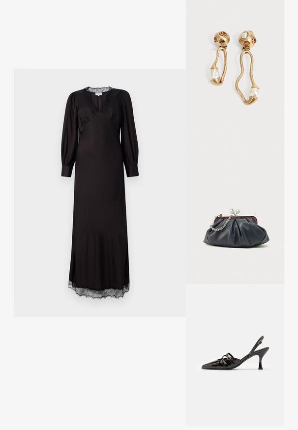 Sort langærmet kjole lavet af glat stof med blonderkanter ved halsudskæring og kant, med en subtil A-form og sideslidsedele.; ALOHAS JOELLE ONIX - Pumps - black; Marineblå læderclutch med opsamlet design, sølvkæde og lukning med knips. Glat tekstur med en diskret glans.; Øreringe i guldtone med uregelmæssige åbne former, hver med en perle i bunden og ædelstensdetaljer på de runde nitter.