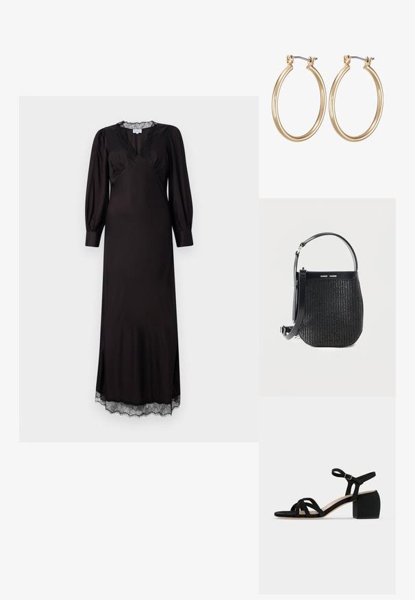 Schwarzes langärmliges Kleid aus glattem Stoff mit einem mit Spitze besetzten Ausschnitt und Saum, in einer dezenten A-Linie und mit seitlichen Schlitzen.; Schwarze Damensandale mit Blockabsatz, drei vorderen Riemen und Schnallen-Riemchen am Knöchel vor hellgrauem Hintergrund.; Schwarze gewebte Handtasche mit abgerundetem Boden, Lederbesatz, verstellbarem Schulterriemen und Samsøe Samsøe Markenlogo am oberen Band.; Goldfarbene Metall-Ohrringe in Form von Kreisen mit einem glatten, runden Design und einem gesicherten Klappverschluss. Leicht und mit einer polierten Oberfläche.