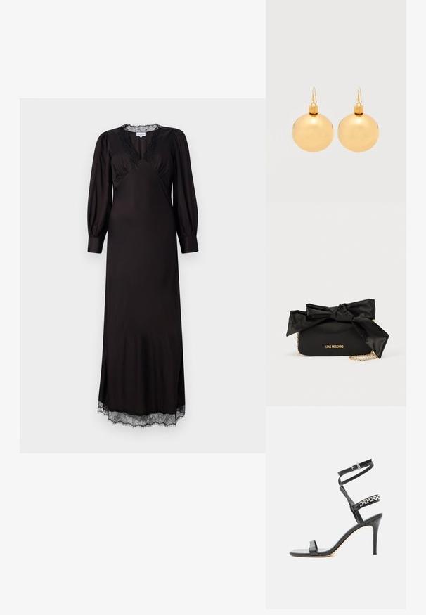 Schwarzes langärmliges Kleid aus glattem Stoff mit einem mit Spitze besetzten Ausschnitt und Saum, in einer dezenten A-Linie und mit seitlichen Schlitzen.; Schwarze Sandalette mit hohem Absatz, schlankem Knöchelriemen, Mittelriemen verziert mit silbernen Kettengliedern und offenem Zehendesign.; Schwarze Satin-Handtasche mit einer großen Schleife oben, goldener Kettenriemen und eingeprägtem "LOVE MOSCHINO"-Logo auf der Vorderseite.; Paar glänzende goldene Weihnachtskugel-Ohrringe mit Hakenverschlüssen auf einfachem weißem Hintergrund.