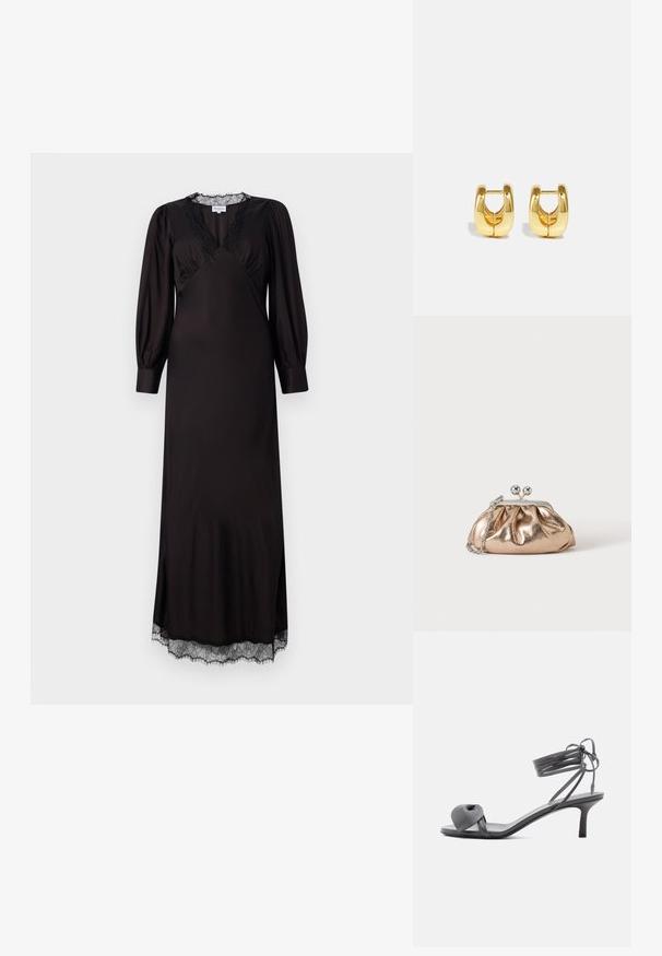 Schwarzes langärmliges Kleid aus glattem Stoff mit einem mit Spitze besetzten Ausschnitt und Saum, in einer dezenten A-Linie und mit seitlichen Schlitzen.; Graue Leder-Pumps mit Absatz, verknotetem Riemen über den Zehen und Wickelriemen um den Knöchel auf schlankem, mittelhohem Absatz vor weißem Hintergrund.; Kleine goldene Metallic-Clutch mit silbernem Verschluss und Kettengurt auf einfachem hellem Hintergrund.; Goldene Creolen mit einem schlanken, abgerundeten Design. Sie verfügen über eine hohle Mitte und eine glänzende Oberfläche, die moderne Stile ergänzen.