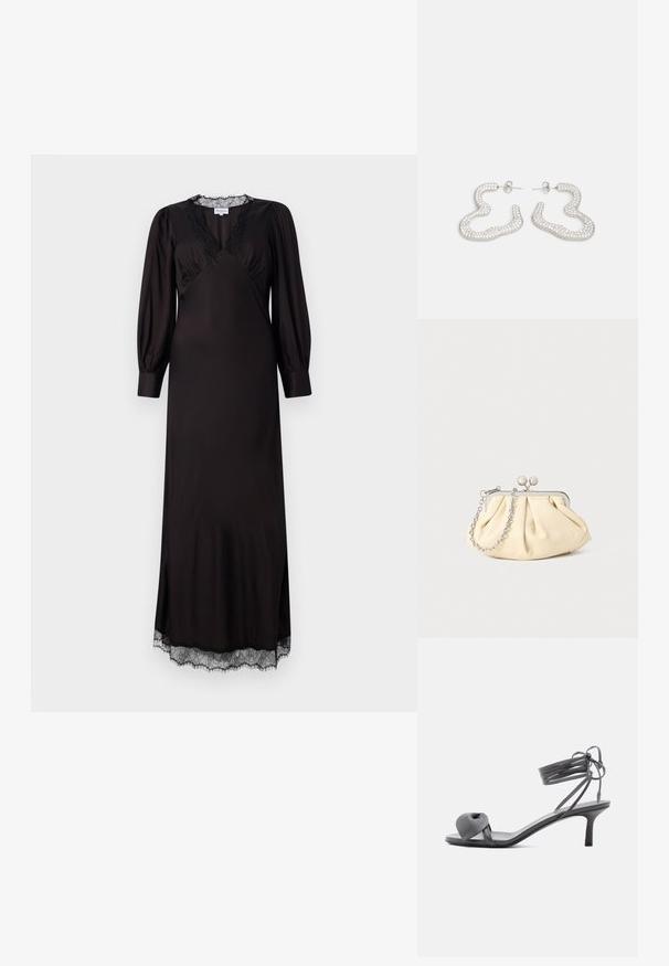 Robe noire à manches longues en tissu lisse, dotée d'un décolleté et d'un ourlet en dentelle, avec une forme légèrement évasée et des fentes sur les côtés.; Sandale à talon en cuir gris avec une bride nouée sur les orteils et des lacets enroulants autour de la cheville, sur un talon moyen et fin, sur fond blanc.; Pochette en cuir beige plissé avec un cadre en métal argenté, dotée de deux fermoirs ronds décoratifs et d'une chaîne en argent.; Boucles d'oreilles en métal argenté au design abstrait et ondulé, ornées de petits cristaux scintillants. Fermeture arrière à clou sécurisée.