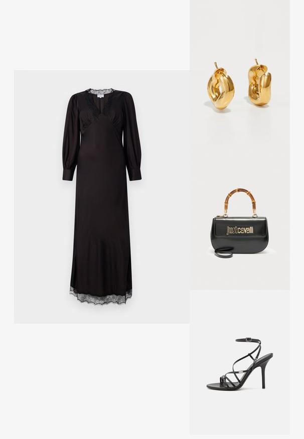 Schwarzes langärmliges Kleid aus glattem Stoff mit einem mit Spitze besetzten Ausschnitt und Saum, in einer dezenten A-Linie und mit seitlichen Schlitzen.; Schwarze High-Heel-Sandale mit dünnen Riemen, einem Knöchelverschluss, einer glatten Lederoberfläche und einem schlanken Stiletto-Absatz.; Schwarze Lederhandtasche mit goldenem "Just Cavalli"-Logo auf der Vorderseite und gebogenem Bambusgriff, ausgestattet mit einem abnehmbaren langen Riemen.; Fette goldene Creolen mit einem leicht verdrehten, röhrenförmigen Design und Steckverschlüssen auf einem weißen Hintergrund.