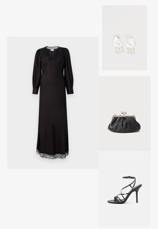Schwarzes langärmliges Kleid aus glattem Stoff mit einem mit Spitze besetzten Ausschnitt und Saum, in einer dezenten A-Linie und mit seitlichen Schlitzen.; Schwarze High-Heel-Sandale mit dünnen Riemen, einem Knöchelverschluss, einer glatten Lederoberfläche und einem schlanken Stiletto-Absatz.; Schwarze Leder-Clutch mit geraffter Textur, silberfarbener Metallrahmen, Druckverschluss und Kettenriemen. Glatte, weiche Oberfläche.; Klare Harz-Ohrringe in Muschelform mit kleinen goldenen Akzenten und drei hängenden durchsichtigen tropfenförmigen Anhängern an jedem Ohrring.