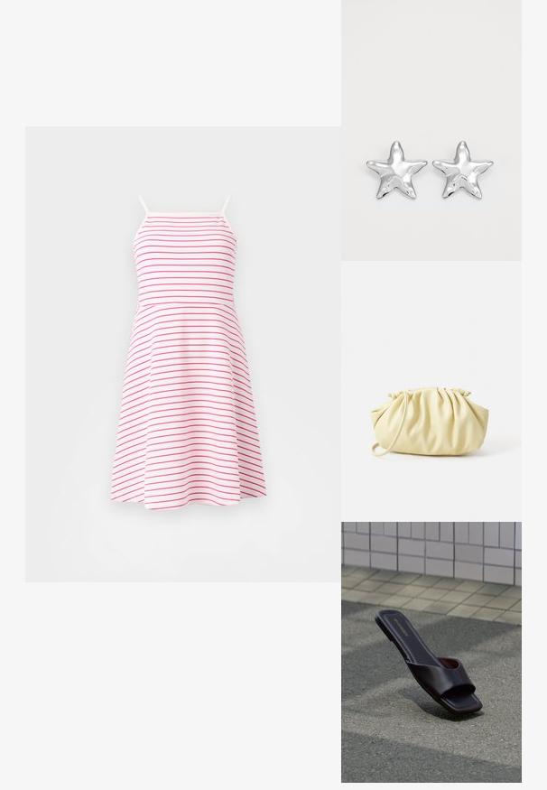 Stropkjole i hvid med pink vandrette striber, tætsiddende liv, udstyret nederdel, lavet af blødt materiale. Justerbare tynde stropper.; Mørkebrun sandal med åben tå, firkantet tå og bred rem, hvilende på grå asfalt nær flisebelagt fortov.; Gul plisseret håndtaske lavet af glat kunstlæder, med en blød form, en enkelt skulderrem og samlet topdesign.; Sølvstjernede øreringe med en poleret, blank overflade. Hver ørering har fem spidser og subtile teksturdetaljer på overfladen.