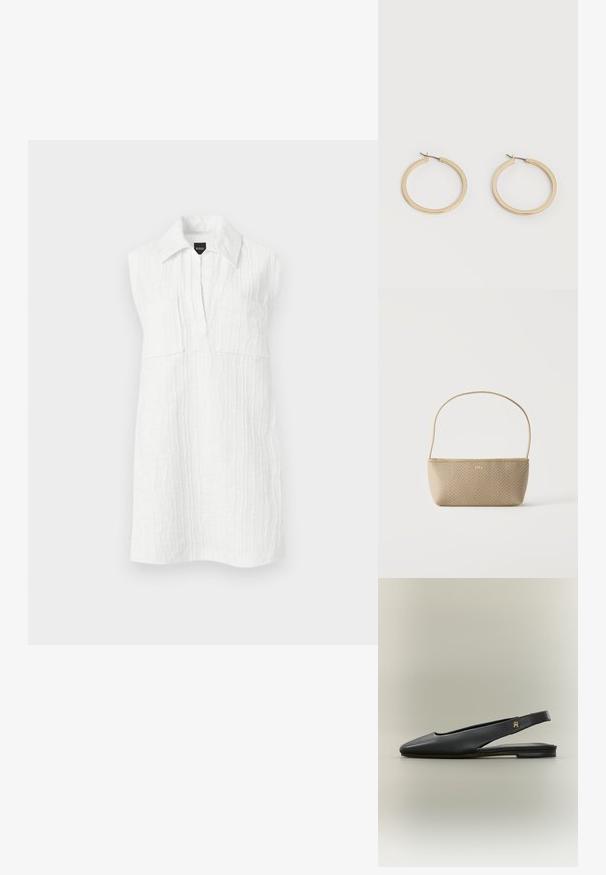Robe blanche texturée sans manches avec col, encolure en V profonde et deux poches poitrine avant, présentée sur un fond uni.; Chaussure plate noire en cuir à bride arrière avec bout pointu et accent logo doré sur la bride, présentée sur un fond neutre.; Sac à main tissé beige avec fine bandoulière et petit logo doré "BOSS" à l'avant, présenté sur fond blanc uni.; Paire de boucles d'oreilles créoles moyennes lisses ton or avec fermoirs à charnière sur fond clair uni.