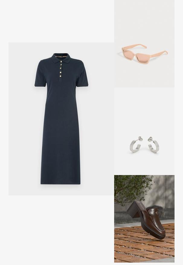 Robe polo marine à manches courtes, ornée d'un col et de cinq boutons dorés sur le devant. Tissu en coton lisse, design jusqu'aux genoux.; Mule à talon en cuir marron Calvin Klein flottant au-dessus d'un sol en carrelage en bois avec en arrière-plan une plante verte et un mur flous.; Lunettes de soleil rectangulaires couleur pêche clair avec montures épaisses et verres teintés assortis sur un fond uni clair.; Boucles d'oreilles en métal argenté avec un design texturé, dotées d'un petit fermoir et d'une marque sur une des hoops. Forme arrondie avec une finition polie.