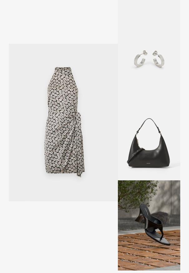 Vestido floral en blanco y negro con un cuello alto, diseño envolvente y detalle de moño en el lado. Presenta un patrón de flores parecidas a margaritas.; Sandalia negra de tacón tipo tanga de Calvin Klein flotando sobre una superficie exterior de azulejos, con vegetación y una pared de hormigón al fondo.; Bolso hobo de cuero negro con una estructura curva, cremalleras doradas y correa ajustable. Presenta un logoembosado en la parte frontal. Textura suave.; Pendientes aros de metal plateado con un diseño texturizado, que cuentan con un pequeño respaldo de clip y una marca en uno de los aros. Forma redondeada con un acabado pulido.