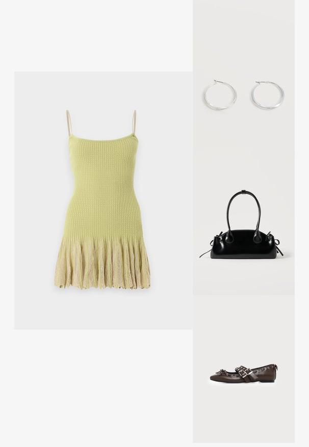 Robe sans manches en maille vert clair avec fines bretelles et un ourlet en dentelle beige plissé sur fond blanc.; Chaussure plate en cuir marron foncé avec bout pointu, doubles brides à boucles argentées, œillets métalliques et nœud décoratif à l'avant.; Petit sac à main noir brillant avec deux longues anses et des détails à cordon sur les côtés sur un fond clair uni.; Boucles d’oreilles créoles en métal argenté avec une surface lisse légèrement incurvée et des fermoirs à clapet sur un fond blanc uni.