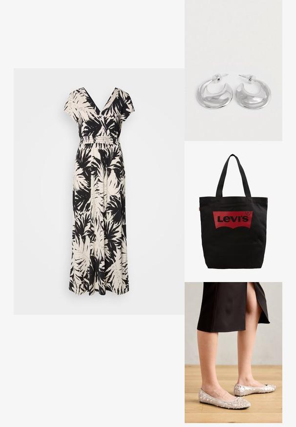 Sort og creme maxi kjole med v-hals, korte ærmer, elastisk talje og palmebladmønster over det hele. Fremstillet af letvægtsstof.; Beige stæl ballet flats med en rund tå, der har en bueaccent, parret med en sort nederdel, vist på et trægulv.; Sort bomulds tote bag med et stort rødt Levi's-logo foran, med robuste sorte håndtag til nem transport.; Et par polerede sølv halvmåneformede hoop øreringe med klare plastikbagsider på en hvid overflade.