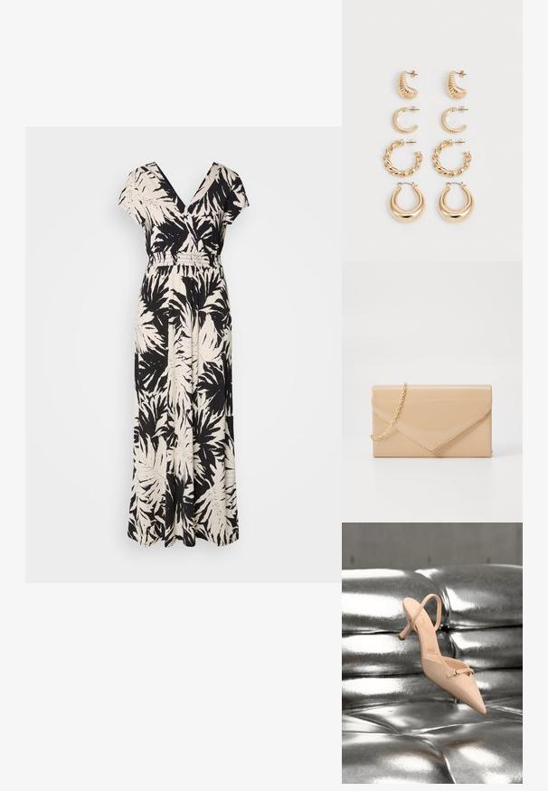 Sort og creme maxi kjole med v-hals, korte ærmer, elastisk talje og palmebladmønster over det hele. Fremstillet af letvægtsstof.; Beige spids tå slingback-sko med en tekstureret overdel, tynd rem og lille hæl, hvilende over en skinnende metaloverflade.; Beige patentlæder clutch med en guld kædestrop, prydet med et kuvertdesign og en spids flaplukning. Glat tekstur hele vejen igennem.; Sæt af fem guldøreringe med forskellige designs: snoede, ribbede og glatte overflader i hoop- og halvmåneformer.