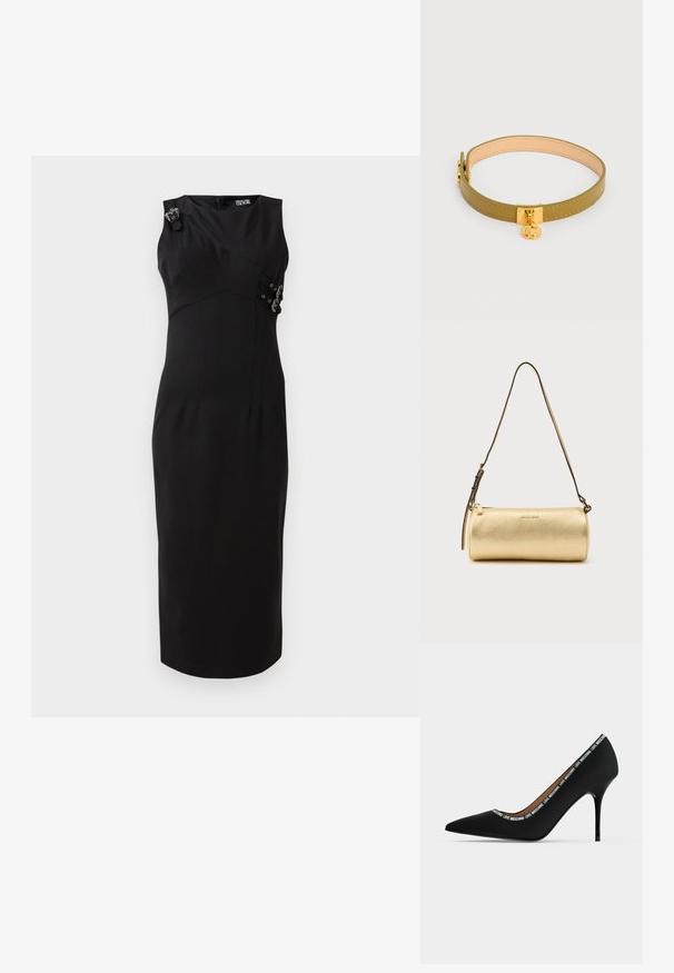 Vestido negro ajustado con diseño sin mangas, corsé estructurado, detalles laterales con acentos de metal y falda recta a la altura de la rodilla.; Zapato de tacón alto puntiagudo negro con tacón de aguja y adorno de texto "LOVE MOSCHINO" a lo largo del borde de la abertura, vista lateral sobre fondo blanco.; Bolso de hombro cilíndrico de cuero dorado con correa ajustable y cierre de cremallera, con el logo de Michael Kors centrado en el frente.; Collar gargantilla de cuero verde oliva con forro interior beige y un pequeño colgante de encanto dorado colgando de un broche cuadrado dorado.
