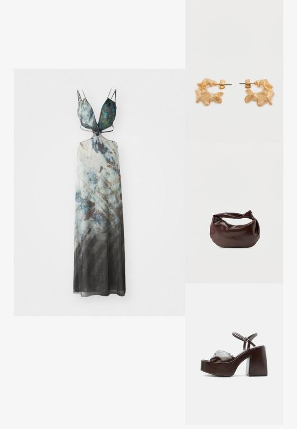 Robe maxi avec des bretelles spaghetti ajustables, présentant un motif abstrait dans des teintes de bleu, gris et marron, avec un tissu fluide et transparent.; Sandale plateforme en cuir marron foncé avec talon bloc épais, bout ouvert et bride réglable à la cheville avec boucle métallique.; Sac bandoulière en cuir marron foncé avec une forme souple et décontractée et une anse nouée torsadée sur un fond blanc uni.; Boucles d'oreilles dorées avec une forme abstraite et organique, présentant une surface texturée et une fermeture à poussette.