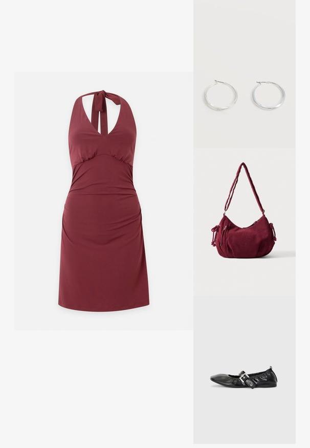 Robe dos nu rouge foncé avec col en V et fermeture à nouer au cou, avec une taille cintrée et un drapé doux sur la jupe.; Chaussure plate en cuir noir avec un nez pointu, des détails froncés autour de l'ouverture et un accent en boucle argentée sur la bride ajustable.; Sac d'épaule en velours côtelé bordeaux doux avec une sangle réglable, fermeture éclair, liens latéraux et une poche avant zippée.; Boucles d’oreilles créoles en métal argenté avec une surface lisse légèrement incurvée et des fermoirs à clapet sur un fond blanc uni.