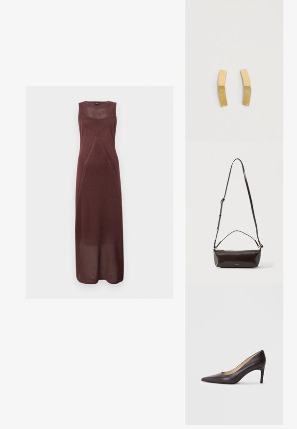 Robe longue marron tricotée sans manches avec des motifs ajourés géométriques et un col rond.; Chaussure à talon haut en cuir marron à bout pointu avec un talon fin de 7 cm, texture lisse et design minimaliste. Pas d'ornements visibles.; Petit sac à bandoulière en cuir marron foncé brillant avec bandoulière réglable, poignée supérieure et fermeture éclair dorée.; Boucles d'oreilles en métal doré avec un design cintré et allongé. La surface est lisse et polie, arborant un style minimaliste.