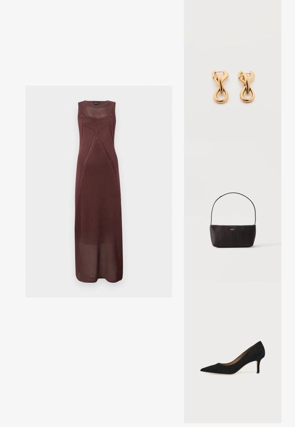 Robe longue marron tricotée sans manches avec des motifs ajourés géométriques et un col rond.; Escarpin en daim noir à bout pointu avec un talon stiletto fin de hauteur moyenne et un design à coupe basse sur un fond uni.; Sac à main noir tissé texturé avec une seule bandoulière et un petit logo doré "BOSS" au centre devant.; Paire de boucles d'oreilles créoles en bouclettes dorées brillantes sur fond blanc uni, présentant un design torsadé entrelacé.