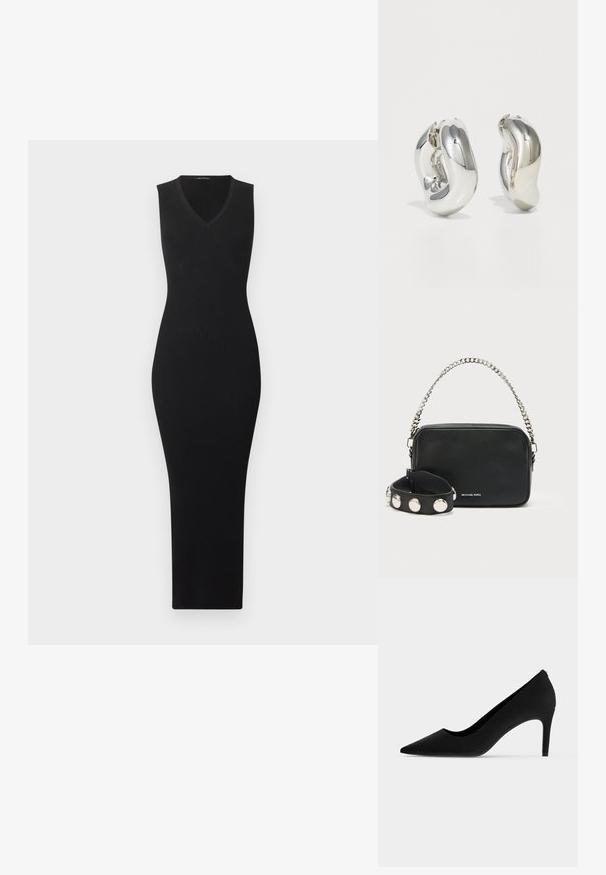 Robe midi noire sans manches en tricot côtelé, avec col en V, silhouette ajustée et motif texturé subtil sur le devant.; Chaussure à talon haut noire à bout pointu avec un talon fin et une finition mate et lisse, vue de profil sur fond blanc.; Sac bandoulière en cuir noir avec une finition texturée, bandoulière chaîne argentée et bracelet poignet noir clouté. Comprend une fermeture éclair sur le dessus et un détail logo.; Boucles d'oreilles sculpturales en argent avec des formes douces et courbes et des surfaces réfléchissantes. Présentent un design de boucle fermée et une forme organique distincte.