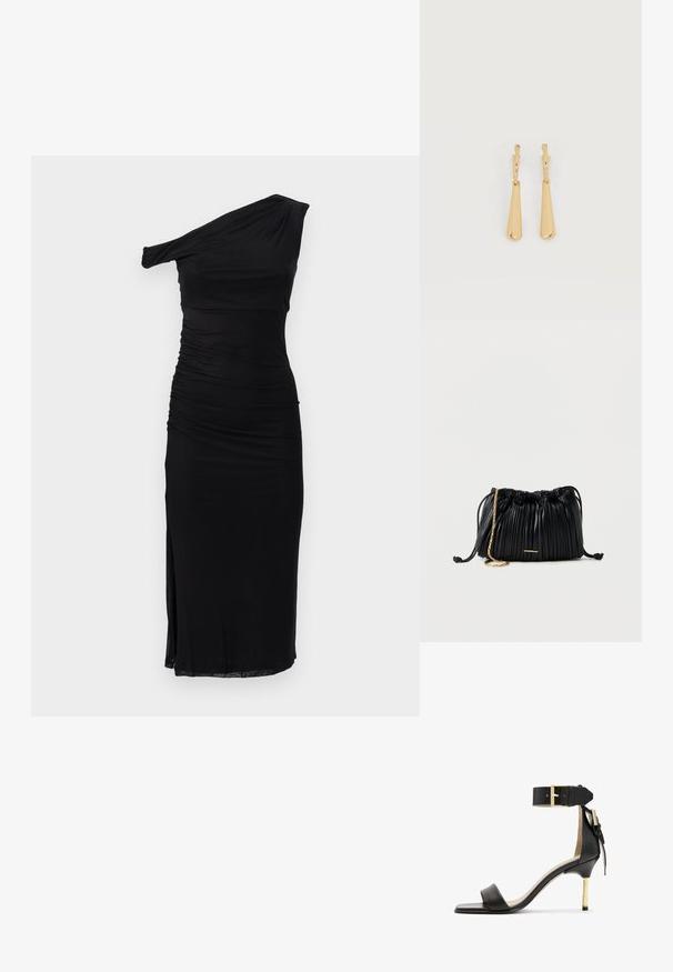 Vestido negro de un solo hombro con detalles fruncidos, ajuste ceñido, hasta la rodilla y con una abertura lateral, hecho de material suave y elástico.; Sándal de tacón de cuero negro con punta cuadrada, correa en el tobillo con hebilla dorada y un tacón metálico esbelto. Textura suave, diseño minimalista.; Bolso de mano negro de cuero plisado con cordón ajustable, cadena dorada como asa y un pequeño detalle horizontal dorado en la parte frontal.; Pendientes colgantes en tono dorado con colgantes alargados y suaves en forma de lágrima, colgando de cierres de aros pequeños sobre un fondo blanco.