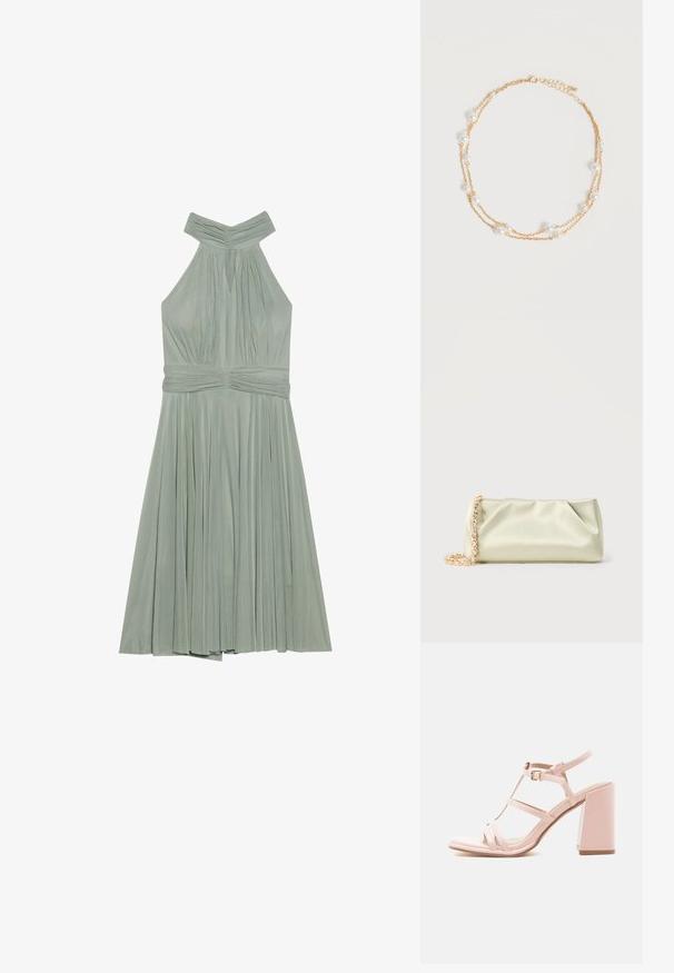 Un vestido halter verde menta con falda plisada, escote fruncido y cinturilla texturizada. Hecho de una tela liviana.; Sandalia de tacón alto rosa con tacón ancho, correa en el tobillo, cierre de hebilla y múltiples tiras delgadas sobre el pie.; Bolso de mano de satén verde claro con cadena de oro y cristales, de forma rectangular con suaves pliegues sobre un fondo liso.; Delicado collar de cadena dorada de doble capa con pequeñas perlas blancas espaciadas uniformemente sobre un fondo claro y liso.