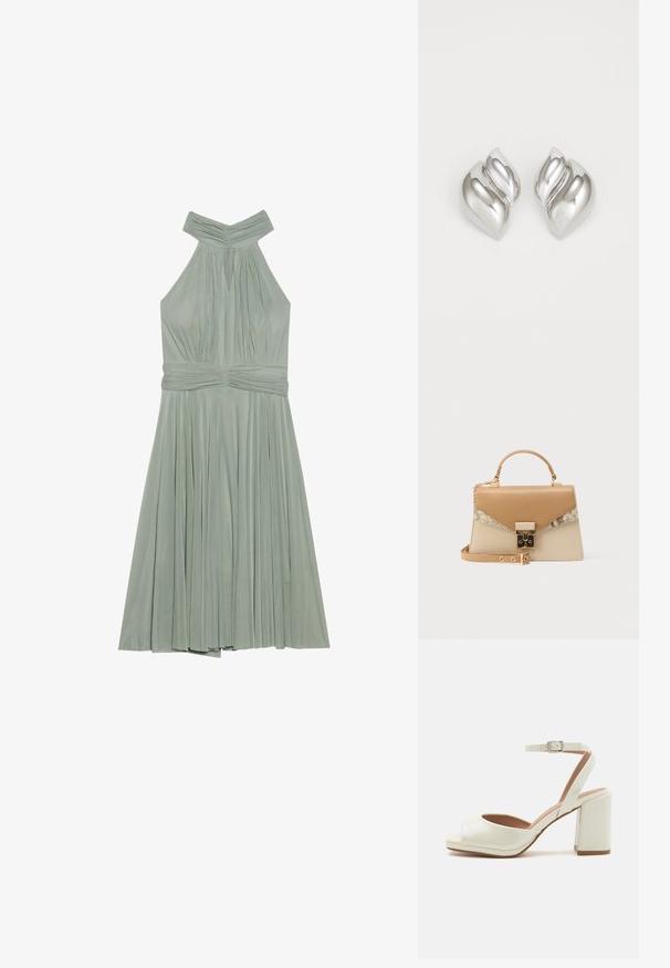 Un vestido halter verde menta con falda plisada, escote fruncido y cinturilla texturizada. Hecho de una tela liviana.; Sandalias de tacón abiertas en la parte delantera, de color blanco, con un acabado brillante, correa ajustable en el tobillo y tacón cuadrado. Textura suave y diseño minimalista.; Bolso estructurado en tonos beige y marrón claro con asa superior, correa de hombro ajustable, cierre dorado y detalle de estampado de piel de serpiente en la solapa frontal.; Pendientes de plata con una forma orgánica y abstracta. Superficie lisa y brillante con un diseño cónico. Presentan suaves curvas y un detalle de línea central.