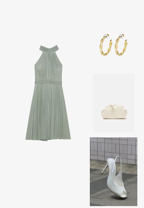 Een mintgroene halterjurk met een geplooide rok, gathered lijfje en gestructureerde tailleband. Gemaakt van lichte stof.; Witte hoge hak slingback schoen met open teen op het trottoir voor een betegelde muur, met een schaduw op de grond.; Zachte, crèmekleurige leren clutch met geplooid, gerimpeld ontwerp en een dunne schouderriem die vooraan op een effen achtergrond ligt.; Gouden gedraaide oorringen met een gladde afwerking, voorzien van een transparante achterkant en goudkleurige hardware.
