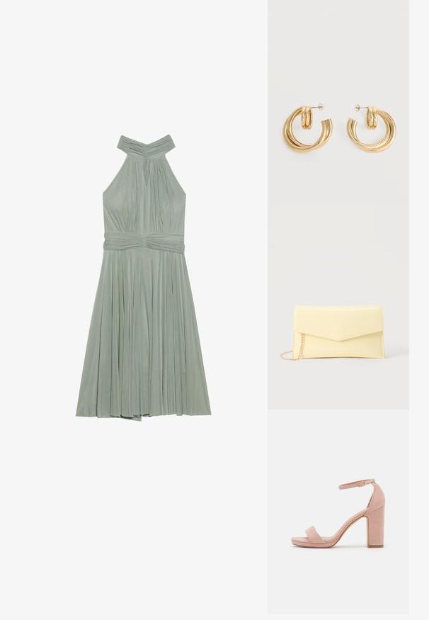 Une robe halter vert menthe avec une jupe plissée, un buste froncé et une ceinture texturée. Fabriquée en tissu léger.; Sandale à talon haut en daim rose avec un talon bloc, bout ouvert et bride de cheville avec une détail de boucle en or. Bande avant plate.; Pochette rectangulaire jaune pâle avec un rabat pointu et une bandoulière chaîne dorée sur un fond neutre.; Paire de boucles d'oreilles créoles doubles en or brillant avec attaches à tige sur fond blanc.