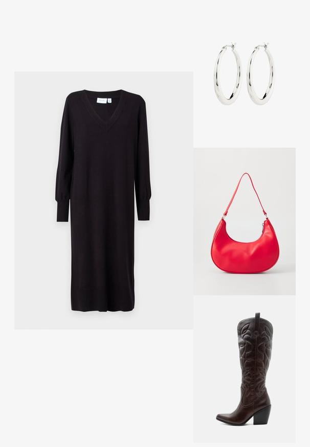 Vestido negro de punto con mangas largas, escote en V y puños acanalados. Corte recto sin patrones o acentos visibles. Textura suave.; Bota vaquera alta de cuero marrón oscuro con patrones decorativos cosidos, punta puntiaguda y tacón de bloque apilado.; Bolso de hombro de piel sintética roja con forma curvada, correa delgada y cierre de cremallera. Textura suave con detalles de costura visibles.; Pendientes de aro de plata con un acabado suave y brillante. Forma circular, con un cierre seguro. Diseño sencillo y elegante.