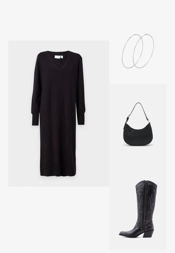 Schwarzes Strickkleid mit langen Ärmeln, V-Ausschnitt und gerippten Bündchen. Gerader Schnitt ohne sichtbare Muster oder Akzente. Weiche Textur.; Schwarze Cowboy-Stiefel aus Leder mit spitzer Zehenpartie, sichtbarer Nahtführung, silbernen Nietenakzenten und Reißverschluss auf der Innenseite.; Schwarze Hobo-Tasche aus glattem Leder mit einer geschwungenen Silhouette, ausgestattet mit einem einzelnen verstellbaren Trageriemen und minimalistischem Design.; Silberne Creolen mit minimalistischem Design. Rundform, glatte Oberfläche und dünnes Profil. Leichtgewichtig mit hochglänzender Oberfläche.