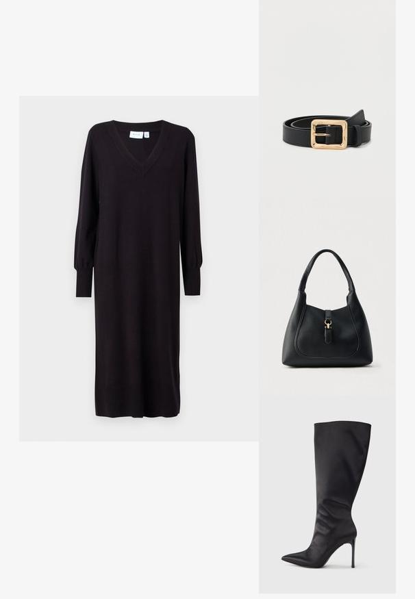 Vestido negro de punto con mangas largas, escote en V y puños acanalados. Corte recto sin patrones o acentos visibles. Textura suave.; Bota negra hasta la rodilla con tacón de aguja, hecha de material liso y elegante; punta puntiaguda; ajuste ceñido con un sutil fruncido cerca del tobillo; tacón brillante.; Bolso de cuero negro con superficie texturizada, forma curva y un detalle de herrajes en tono dorado. Cuenta con un asa única y un cierre con detalle de broche.; Cinturón de cuero negro con una hebilla cuadrada dorada brillante, enrollado de manera ordenada sobre un fondo blanco liso.