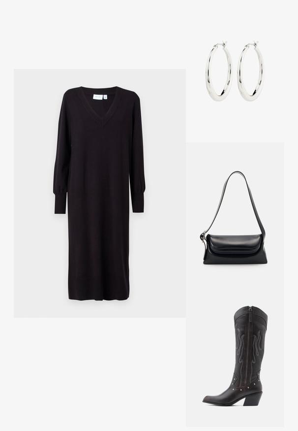 Schwarzes Strickkleid mit langen Ärmeln, V-Ausschnitt und gerippten Bündchen. Gerader Schnitt ohne sichtbare Muster oder Akzente. Weiche Textur.; Braune Cowboy-Stiefel aus Leder mit Flammenstickerei, seitlichem Reißverschluss, silbernen Nieten, spitzer Zehenpartie und geschichtetem Absatz.; Schwarze Lederhandtasche mit strukturiertem Design, glatter Textur und einem einzelnen Schulterriemen. Verfügt über ein dezentes, abgerundetes Klappendesign.; Silberne Creolen mit einer glatten, glänzenden Oberfläche. Kreisform, ausgestattet mit einem sicheren Verschluss. Einfaches und elegantes Design.