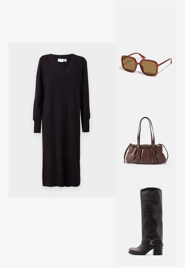 Vestido negro de punto con mangas largas, escote en V y puños acanalados. Corte recto sin patrones o acentos visibles. Textura suave.; Bota alta hasta la rodilla de cuero marrón oscuro con puntera redondeada, tacón bajo de bloque y una correa decorativa con hebilla plateada cerca del tobillo.; Gafas de sol cuadradas rojas con lentes tintados marrones. Montura gruesa y brillante, con varillas delgadas y un pequeño detalle en el lateral para añadir interés visual.; Bolso de cuero marrón con dos asas largas, diseño acanalado, acentos de hardware en tono dorado y un acabado texturizado.
