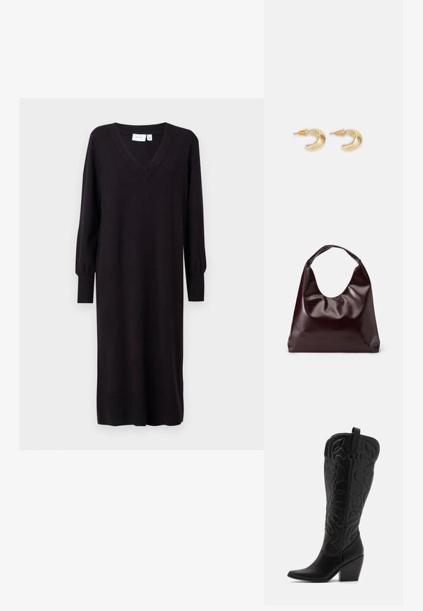 Vestido negro de punto con mangas largas, escote en V y puños acanalados. Corte recto sin patrones o acentos visibles. Textura suave.; Botas negras de cuero hasta la rodilla con punta puntiaguda y tacón apilado. Presentan costuras decorativas y elementos de diseño curvados.; Bolso tote vegan de cuero brillante en burdeos, con una forma suave y escultórica y un asa ancha y curvada para facilitar el transporte.; Pendientes en forma de media luna de oro con un acabado suave, que presentan acentos naranjas cerca del pasador y herrajes de plata.