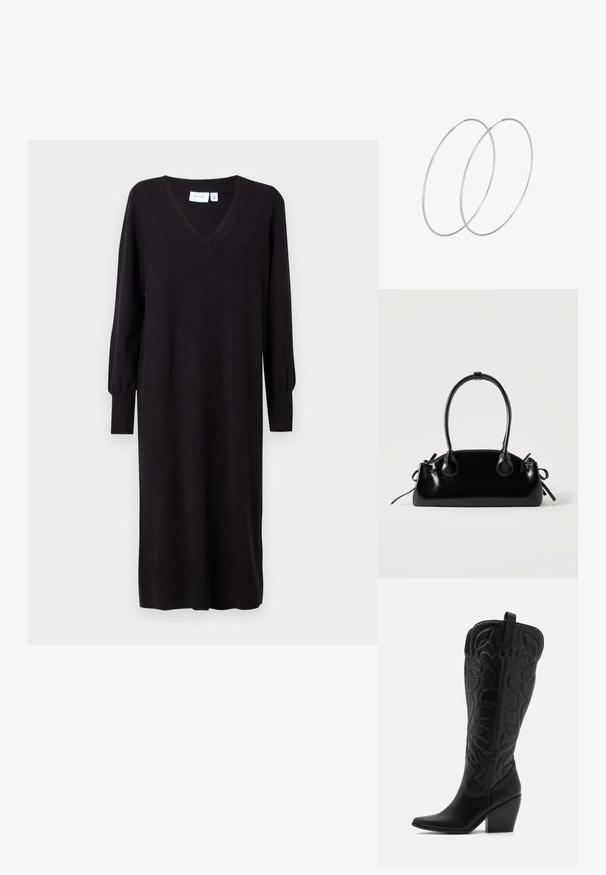 Schwarzes Strickkleid mit langen Ärmeln, V-Ausschnitt und gerippten Bündchen. Gerader Schnitt ohne sichtbare Muster oder Akzente. Weiche Textur.; Schwarze kniehohe Stiefel aus Leder mit spitz zulaufender Zehenpartie und gestapeltem Absatz. Verfügt über dekorative Nähte und geschwungene Designelemente.; Kleine schwarze glänzende Handtasche mit zwei langen Griffen und seitlichen Kordelzug-Details vor einfachem hellem Hintergrund.; Silberne Creolen mit minimalistischem Design. Rundform, glatte Oberfläche und dünnes Profil. Leichtgewichtig mit hochglänzender Oberfläche.
