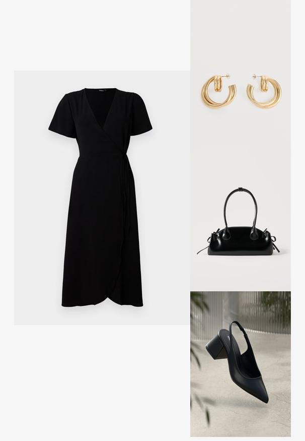 Vestido negro envolvente con mangas cortas, escote en V, cinturilla y falda de longitud completa. Tela suave con una textura sutil.; Zapato de tacón slingback de cuero negro con punta afilada y tacón cuadrado. Textura suave, diseño minimalista y correa ajustable en el tobillo.; Pequeño bolso negro brillante con dos asas largas y detalles de cordón lateral sobre un fondo claro liso.; Par de pendientes de aro doble brillante de oro con cierres de presión sobre un fondo blanco.
