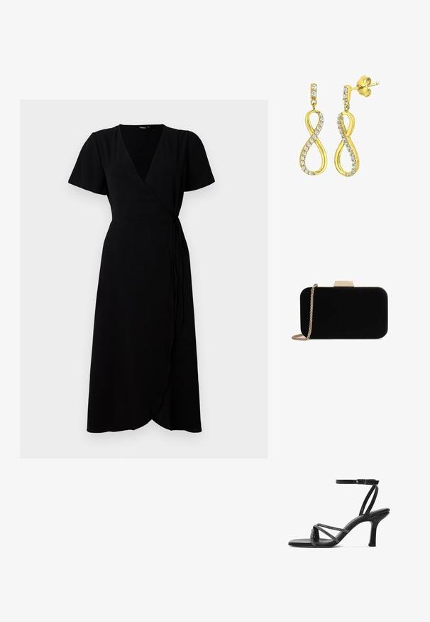 Vestido negro envolvente con mangas cortas, escote en V, cinturilla y falda de longitud completa. Tela suave con una textura sutil.; Sandalia negra de tacón alto con finas tiras de pedrería que cruzan sobre los dedos y una delgada correa en el tobillo con cierre de hebilla.; Clutch de terciopelo negro con herrajes en tono dorado, de forma rectangular y con correa de cadena, que presenta una textura suave y sin patrones visibles.; Pendientes en tono dorado con forma de símbolo de infinito estilizado, adornados con cristales transparentes de corte redondo a lo largo de los bordes. Cierre a presión.