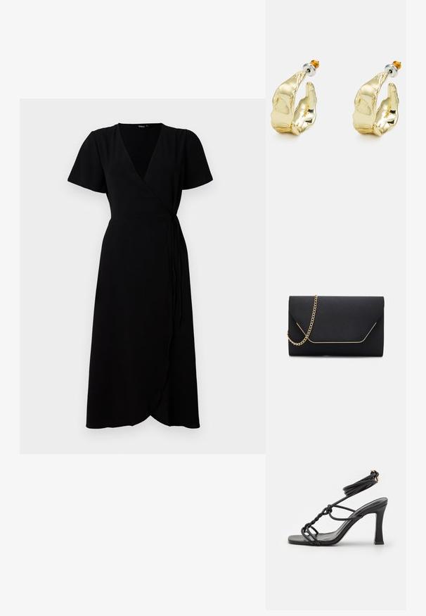 Sort omslagskjole med korte ærmer, V-halsudskæring, taljebånd og lang nederdel. Glat stof med en subtil tekstur.; DeeZee Højhælede sandaletter / Højhælede sandaler - black; Sort clutch taske med en glat overflade, prydet med en guldkæde-rem og en geometrisk flaplukning, der er indrammet i guld.; Guldtonede øreringe formet som abstrakte hænder, med en skinnende overflade, intrikate detaljer og en sølv- og guldfarvet post til sikker fastgørelse.