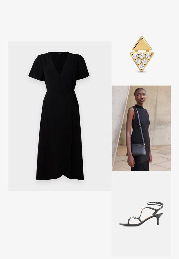 Vestido negro envolvente con mangas cortas, escote en V, cinturilla y falda de longitud completa. Tela suave con una textura sutil.; Sandalia negra con tiras, tacón medio, cuentas doradas de acento y una correa en el tobillo con hebilla sobre fondo blanco.; Joven mujer con un vestido negro sin mangas llevando un bolso cruzado de cuero negro, de pie frente a una pared de hormigón clara.; Pendiente triangular de oro con un triángulo superior más pequeño y un triángulo inferior más grande, adornado con seis rhinestones claros.