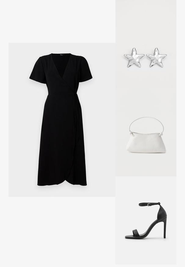 Vestido negro envolvente con mangas cortas, escote en V, cinturilla y falda de longitud completa. Tela suave con una textura sutil.; Sandalia de tacón alto negra con un diseño elegante, que cuenta con una correa en el tobillo, punta abierta y una textura de cuero suave.; Bolso de mano de cuero blanco tejido con asa redondeada y extremos de la correa anudados, exhibido sobre un fondo liso.; Pendientes en forma de estrella plateada con una superficie pulida y brillante. Cada pendiente presenta cinco puntas y sutiles detalles de textura en la superficie.
