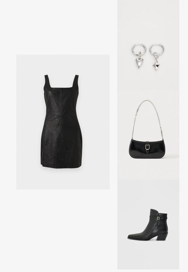 Mini-robe noire sans manches en similicuir avec encolure carrée et détails visibles de coutures verticales et horizontales.; Bottines en cuir noir avec un bout pointu, un petit talon carré et une sangle décorative avec une boucle en argent. Texture lisse.; Sac à épaule en cuir verni noir avec détail de boucle argentée et bandoulière en chaîne argentée, présenté sur un fond uni clair.; Boucles d'oreilles en argent en forme de créoles, ornées d'un cœur et d'un pendentif en forme de diamant. Texture lisse avec une finition polie.