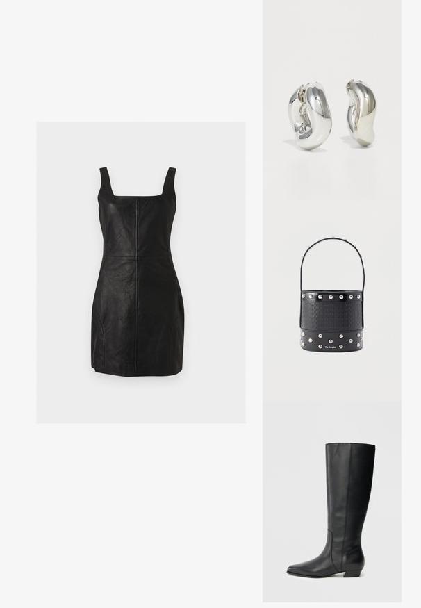 Mini-robe noire sans manches en similicuir avec encolure carrée et détails visibles de coutures verticales et horizontales.; Bottes en cuir noires montant jusqu'aux genoux, avec bout pointu et talon bas carré, présentant une texture lisse et un design épuré et élégant.; Sac seau noir à texture tissée, avec des clous argentés en accents et une poignée fine. Présente un logo sur le devant et un fond en cuir lisse.; Boucles d'oreilles sculpturales en argent avec des formes douces et courbes et des surfaces réfléchissantes. Présentent un design de boucle fermée et une forme organique distincte.