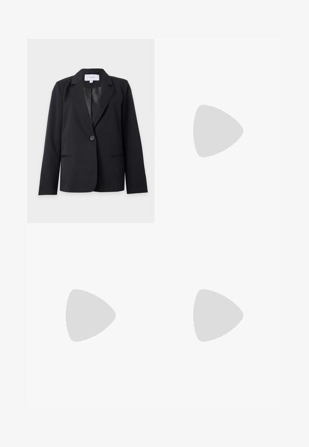Blazer negro de un solo botón con solapas con muesca, mangas largas y bolsillos delanteros ribeteados, mostrado sobre un fondo claro y liso.; Vestido negro sin mangas con un cuello estructurado, escote en V y cinco botones frontales, que presenta una silueta ajustada y una textura de tela suave.; Zapato slingback de charol negro con punta afilada, hebilla plateada y tacón bajo tipo kitten sobre un fondo liso y claro.; Pequeño bolso burdeos brillante con asa superior y correa de hombro desmontable, exhibido sobre un fondo claro y liso.