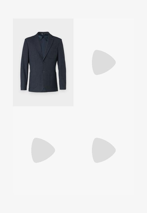 Selected SLHSLIM STRUCTURE - Bleiserjakk - dark blue; Valge pika varrukaga nööbitav särk, nööbitava kraega, kaelas nähtav silt ja volditud varrukasäärtega.; Oliivroheline sirge jala pükste paar, mis on valmistatud puuvillasegusest kangast. Omab tõmblukuga sääreosa, vöölõke ja kahte külgtaskut. Sile tekstuur.; Pruunid nahast loafersid, millel on sile pealispind, veidi ümar varvas, dekoratiivne õmblus ja minimaalne must kummist tall.