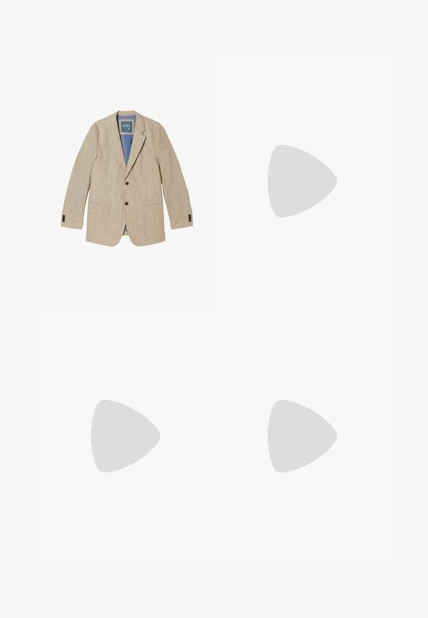 Beige pellavainen miesten bleiseri lovikauluksilla, kahdella edessä olevalla napilla, päälitaskuilla ja sinisellä vuorella.; Lühikeste varrukatega, kraega helesinine särk, millel on kerge mustriga kanga disain, koos plaastrite ja tekstuuridega. Üks rinna-tasku.; Löysi vaaleanbeigenväriset pellavashortsit, joissa on nauhakuja, etupleatsit ja kaksi sivutaskua. Sileä pinta ja rento muotoilu.; Ruskeat mokkanahkaiset slip-on-espadrillot pyöreällä kärjellä, luonnollisella juuttipohjalla ja saumauksella reunassa. Ei näkyvää merkkiä, paitsi pieni etiketti.