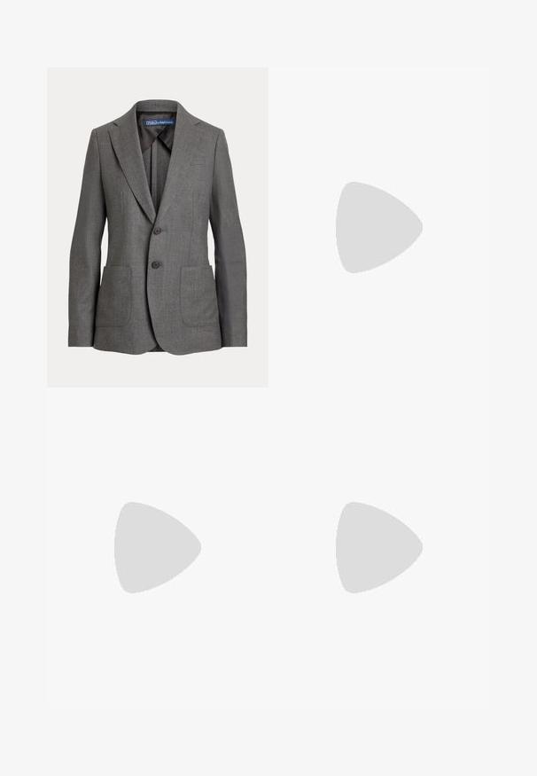Blazer gris de un solo pecho con dos botones, solapas con muesca, dos bolsillos delanteros de parche y una etiqueta Polo by Ralph Lauren en el interior del cuello.; Camiseta blanca lisa de manga corta con cuello redondo y una pequeña etiqueta de la marca en el interior del cuello que dice "Tiger of Sweden."; Pantalones grises de talle alto, confeccionados a medida, con pliegues delanteros, trabillas para cinturón y cierre frontal oculto, mostrados planos sobre un fondo blanco.; Mocasines de charol negro con un diseño de flecos en la parte delantera y puntera redonda. La suela es plana y texturizada para mayor agarre.